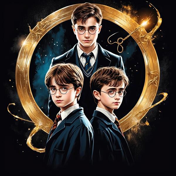 عکس سه کاراکتر هری پاتر فانتزی در کنار هم با قاب طلایی