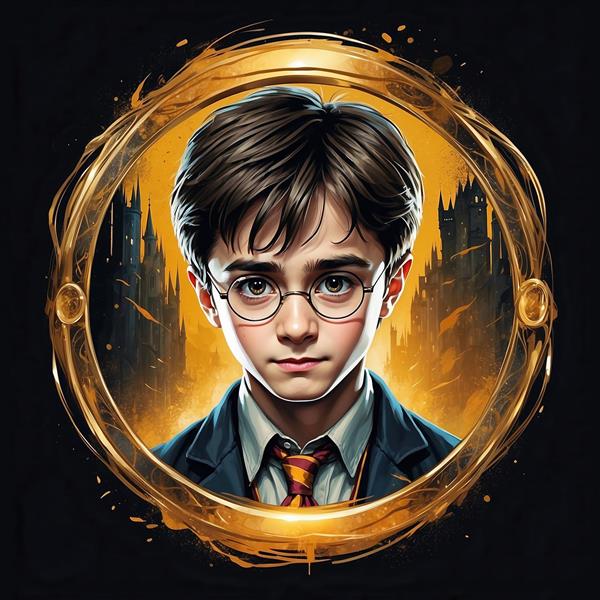 تصویر هری پاتر فانتزی با کراوات و پس‌زمینه قلعه طلایی
