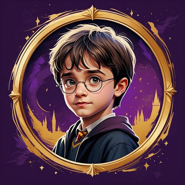 تصویر هری پاتر فانتزی با لبخند ملایم و پس‌زمینه بنفش