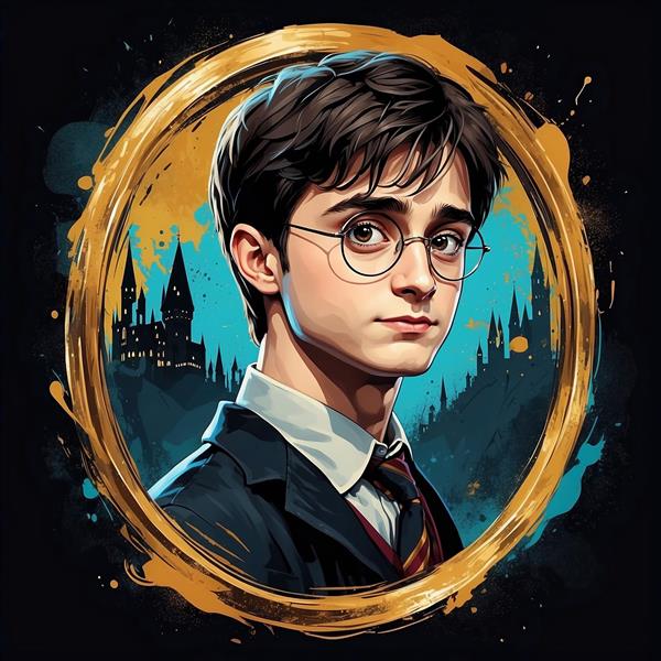 تصویر هری پاتر فانتزی با کت‌وشلوار و پس‌زمینه قلعه آبی