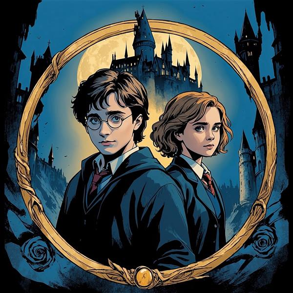 تصویر هری پاتر و هرماینی فانتزی با پس‌زمینه قلعه و ماه