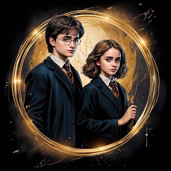 تصویر هری پاتر و هرمیون با قاب طلایی درخشان