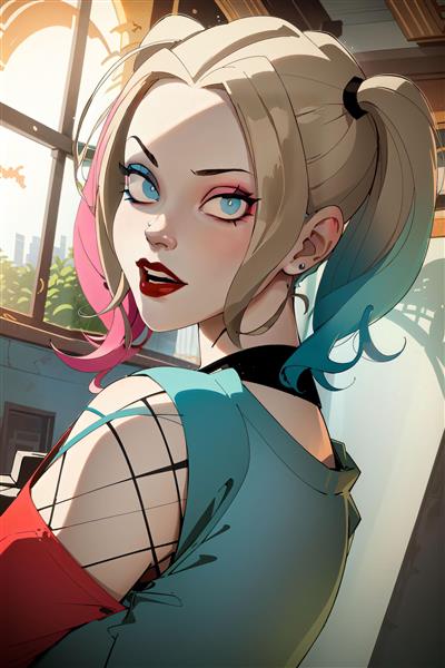 تصویر هارلی کویی فانتزی با موهای بلوند و تم صورتی آبی