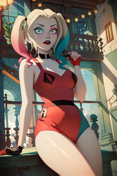 عکس هارلی کویین فانتزی با لباس قرمز و آبی در بالکن