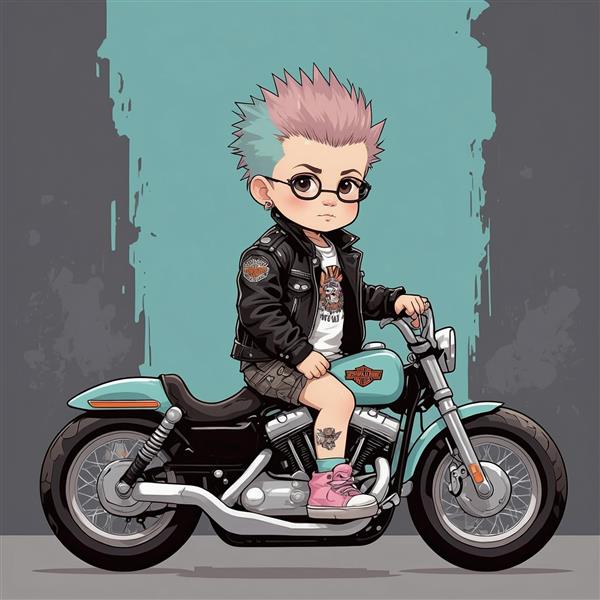 طرح پسر موتورسوار فانتزی با عینک و موهای صورتی باکیفیت