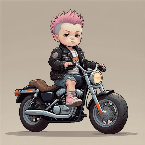 تصویر پسر موتورسوار فانتزی با موهای صورتی و استایل پانک