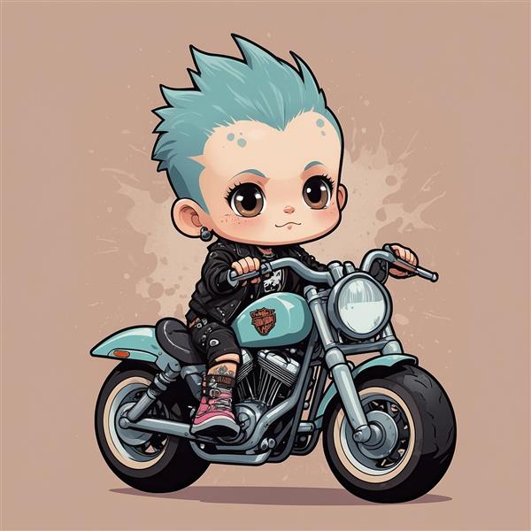 طرح پسر موتورسوار کارتونی فانتزی با موهای آبی روشن باکیفیت