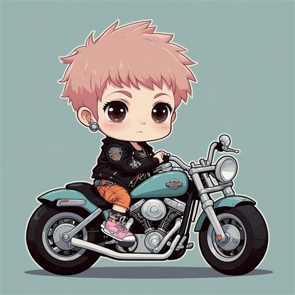 عکس پسر موتورسوار فانتزی کارتونی با موهای صورتی روشن باکیفیت