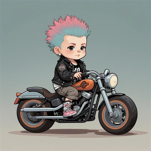 طرح پسر موتورسوار کارتونی فانتزی با موهای صورتی و آبی