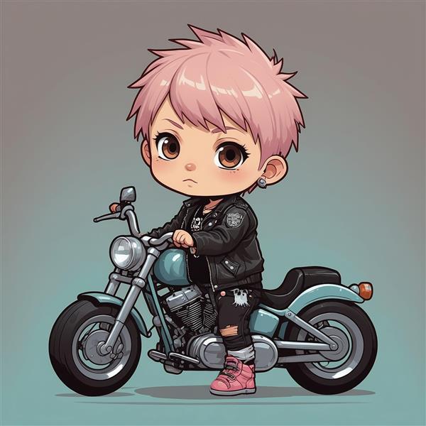 طرح پسر موتورسوار فانتزی با موهای صورتی و کفش قرمز