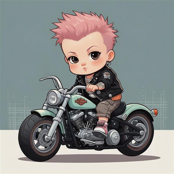 عکس پسر موتورسوار کارتونی با جلیقه چرمی و موی صورتی