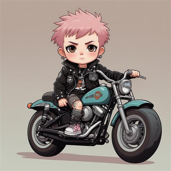 طرح پسر موتور سوار با کاپشن چرم و موی صورتی