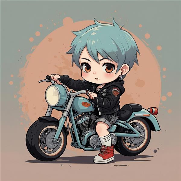 تصویر کاراکتر پسر کارتونی با موی فیروزه‌ای و موتور