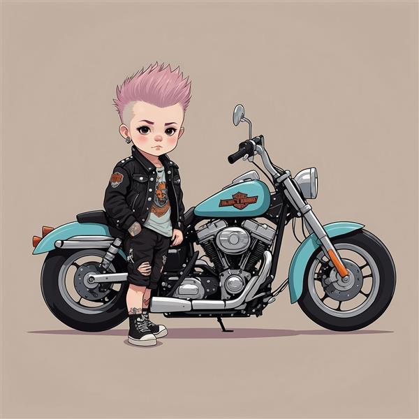 طرح پسر فانتزی ایستاده در کنار موتور سیکلت آبی