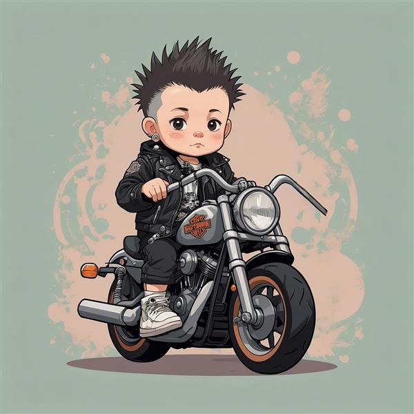 تصویر پسر کارتونی با موی مشکی روی موتور سیکلت