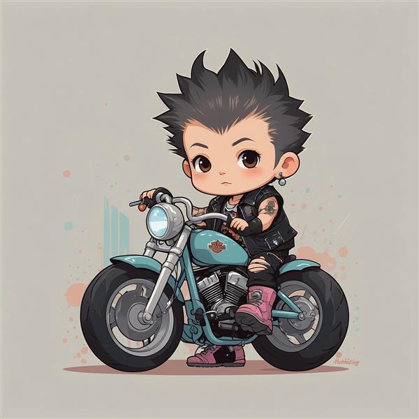 طرح کاراکتر پسر موتور سوار با موی مشکی فانتزی
