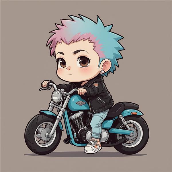تصویر پسر موتور سوار با موی آبی و صورتی