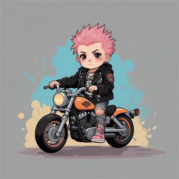 طرح پسر فانتزی کارتونی با موی صورتی روی موتور