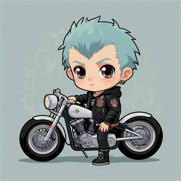 طرح کاراکتر پسر فانتزی در کنار موتور سیکلت سفید