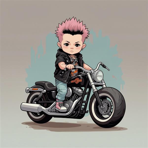 تصویر پسر کارتونی با کاپشن چرم روی موتور سیکلت