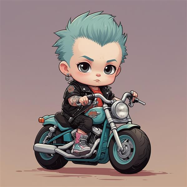 طرح پسر موتور سوار کارتونی با موی فیروزه‌ای