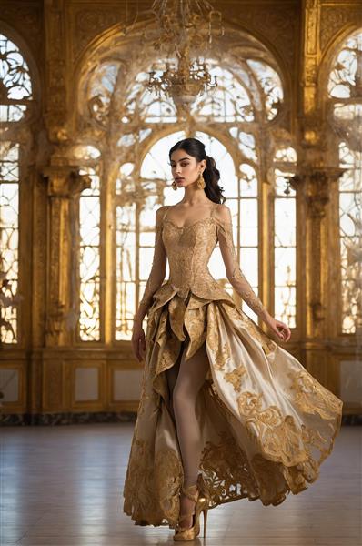 تصویر مدل زن با لباس طلایی در عمارت باشکوه