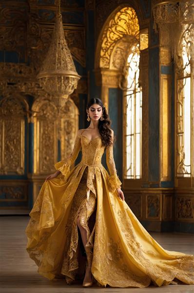تصویر زن با لباس شب طلایی بلند در تالار