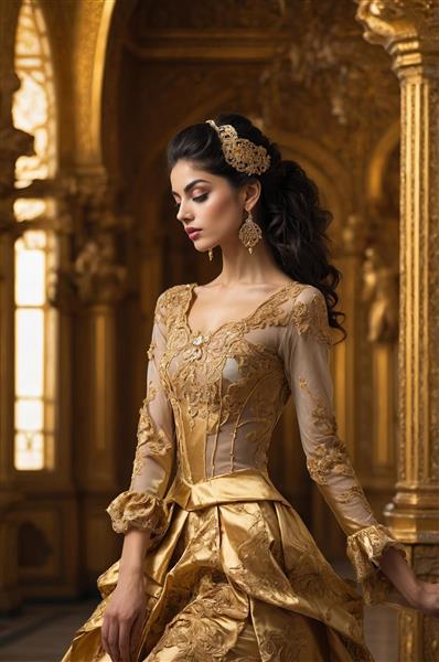 عکس زن با لباس دانتل طلایی و اکسسوری مو