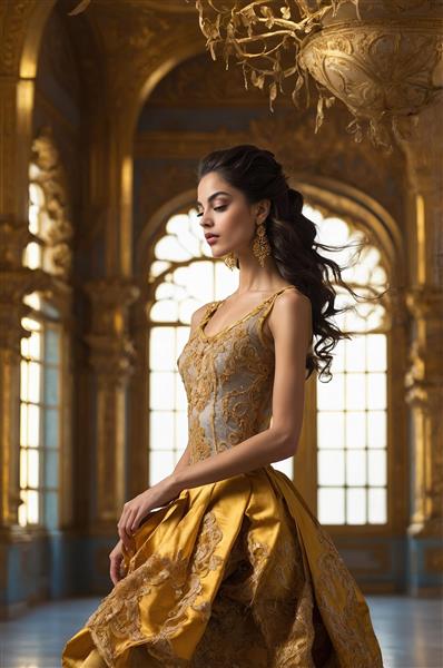 عکس نیم‌رخ زن با لباس مجلل طلایی در تالار