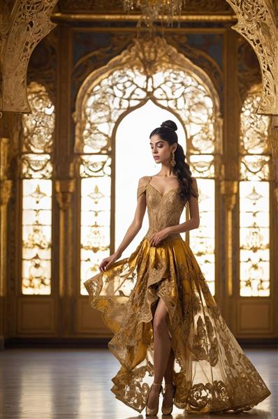 عکس مدل با لباس مجلسی طلایی در ورودی عمارت باشکوه