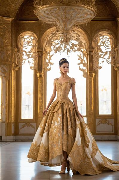 تصویر زن با لباس شب طلایی و دامن کلوش در قصر