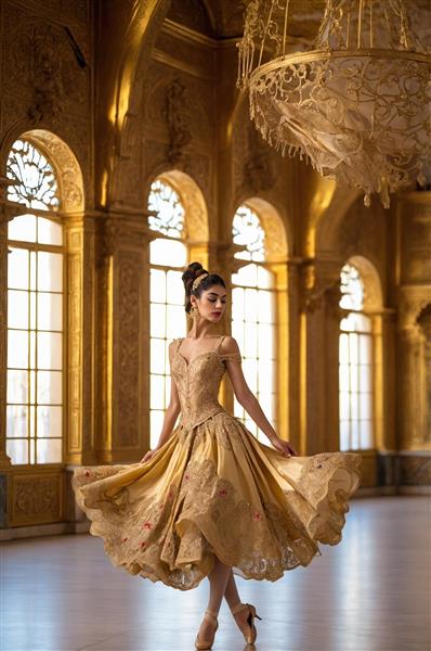 عکس بالرین با لباس فانتزی طلایی در محیطی مجلل