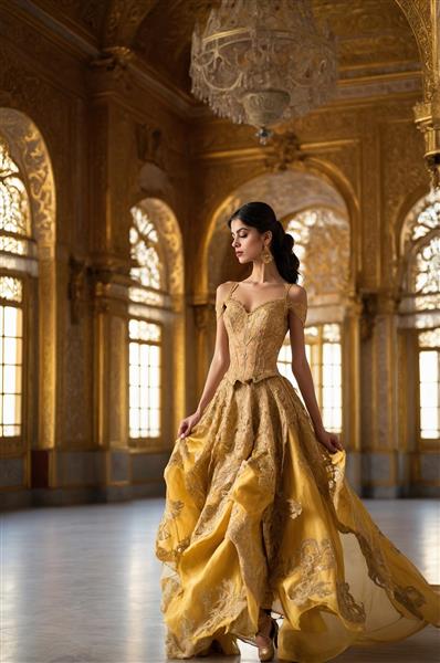 پرتره تمام‌قد دختر با پیراهن طلایی در عمارت تاریخی