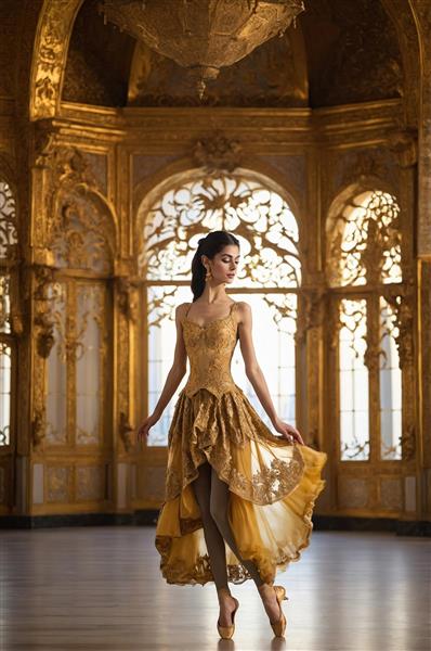 طرح مدل در حال رقص با لباس طلایی در تالار آینه‌کاری