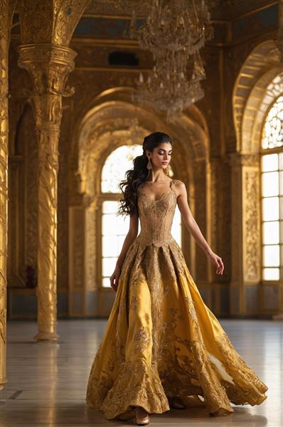 عکس هنری زن با لباس طلایی بلند در فضای قصر لوکس