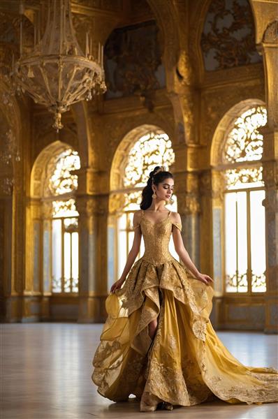 تصویر دختر با لباس مجلسی طلایی مجلل در تالار سلطنتی