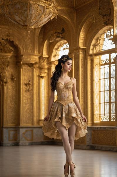 عکس تمام‌قد مدل با لباس باله طلایی در عمارت کلاسیک