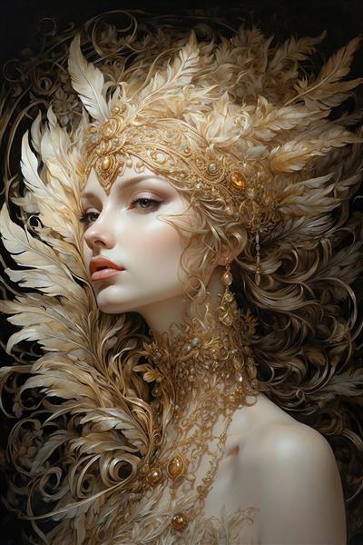 عکس پرتره زن افسانه‌ای با تاج پرهای بلند و آرایش کلاسیک