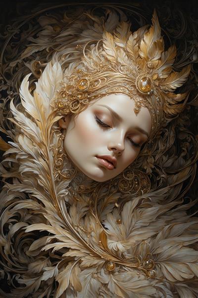 تصویر زن فانتزی در حال استراحت با پوشش پرهای طلایی مجلل