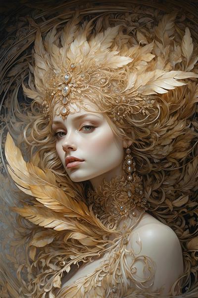 عکس چهره زن با تزیینات پر فانتزی و جواهرات لوکس طلایی