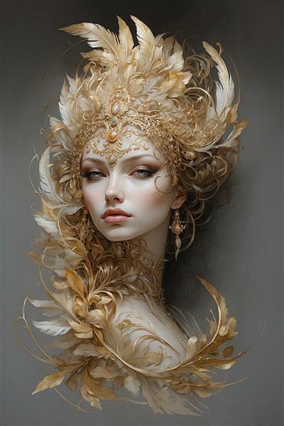 تصویر پرتره زن فانتزی با تاج پر طلایی و جزئیات خیره‌کننده