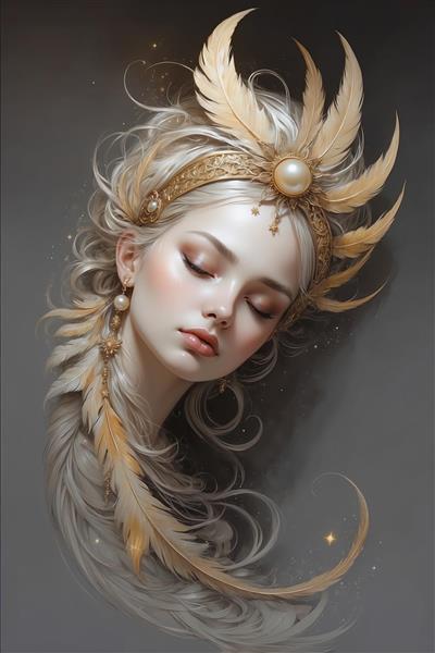 تصویر صورت زن فانتزی با اکسسوری پر و طلا