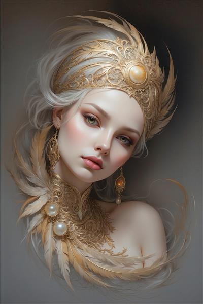 طرح پرتره زن فانتزی با تاج پر و مروارید