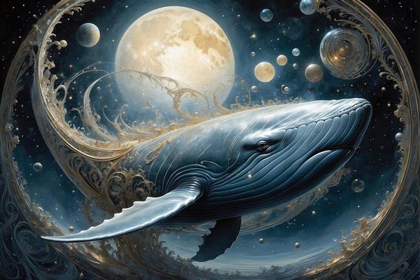 عکس نهنگ سورئال در فضا با المان‌های فانتزی طلایی
