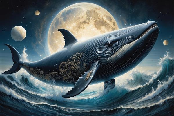 طرح نهنگ فانتزی و ماه کامل روی امواج دریا