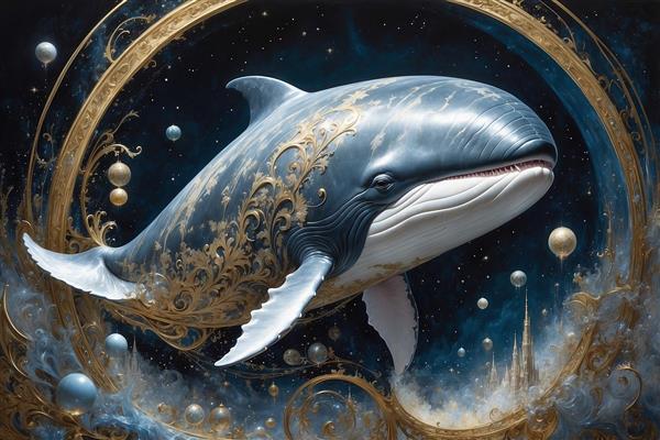 تصویر نهنگ فانتزی در قاب طلایی با نورپردازی رویایی