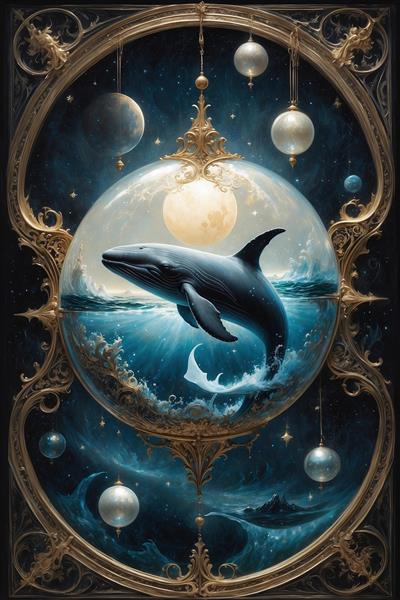 تصویر نهنگ فانتزی داخل حباب شیشه‌ای معلق در فضا