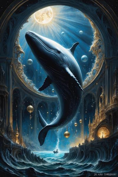 عکس نهنگ فانتزی عظیم در تالار قصری زیر آب