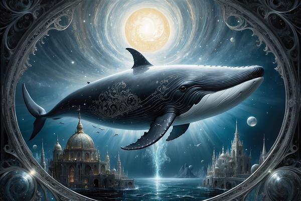 تصویر نهنگ معلق در آسمان شب بر فراز عمارت