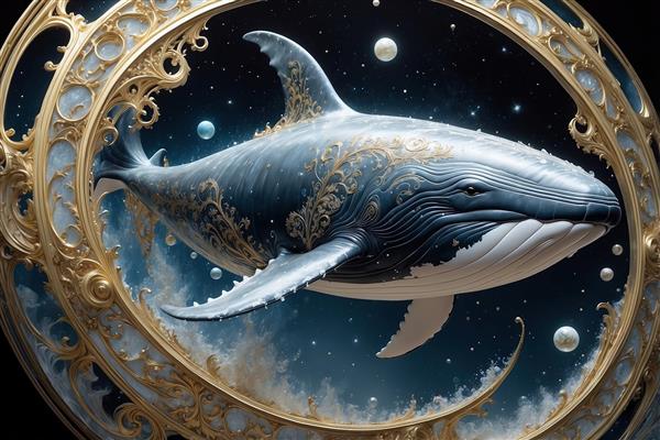 طرح گرافیکی نهنگ فانتزی داخل قاب دایره‌ای تزئینی